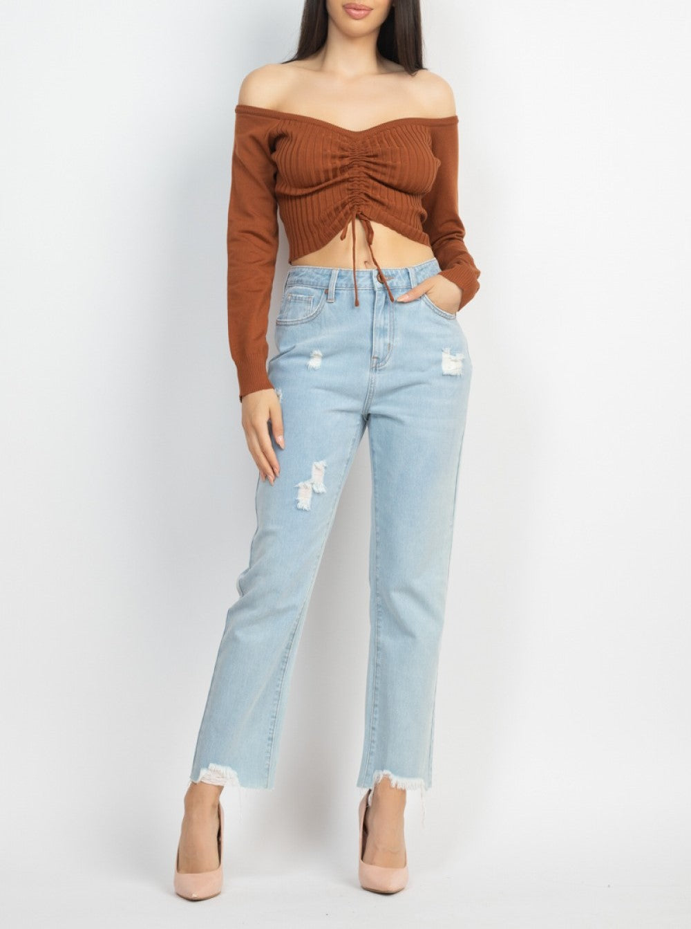 Off-Shoulder Sweater Crop Top (SSW6067)