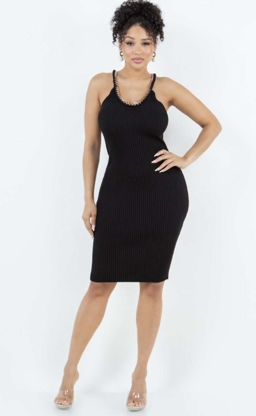 Chain Trim Ribbed Knit Dress