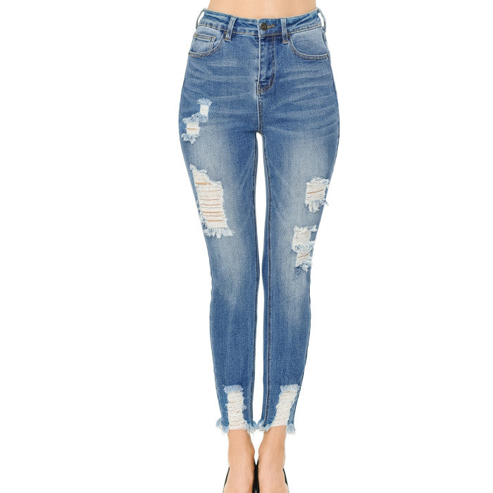 (90188)Ankle Skinny with Hem Destruction Jeans