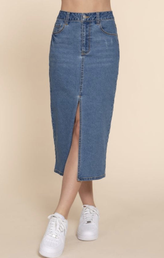 Front Slit Denim Midi Skirt