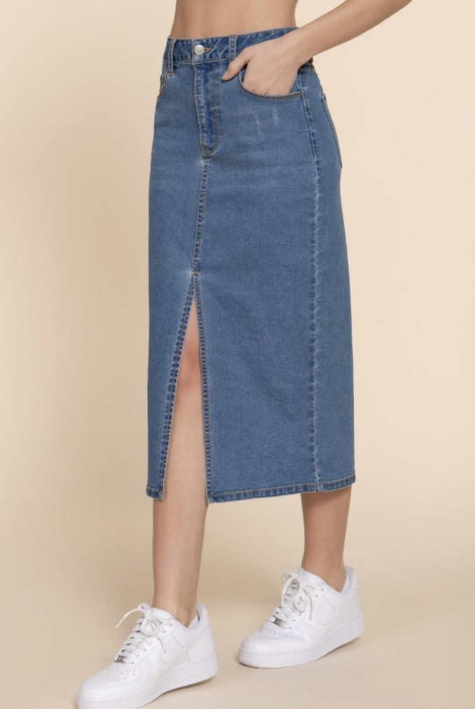 Front Slit Denim Midi Skirt