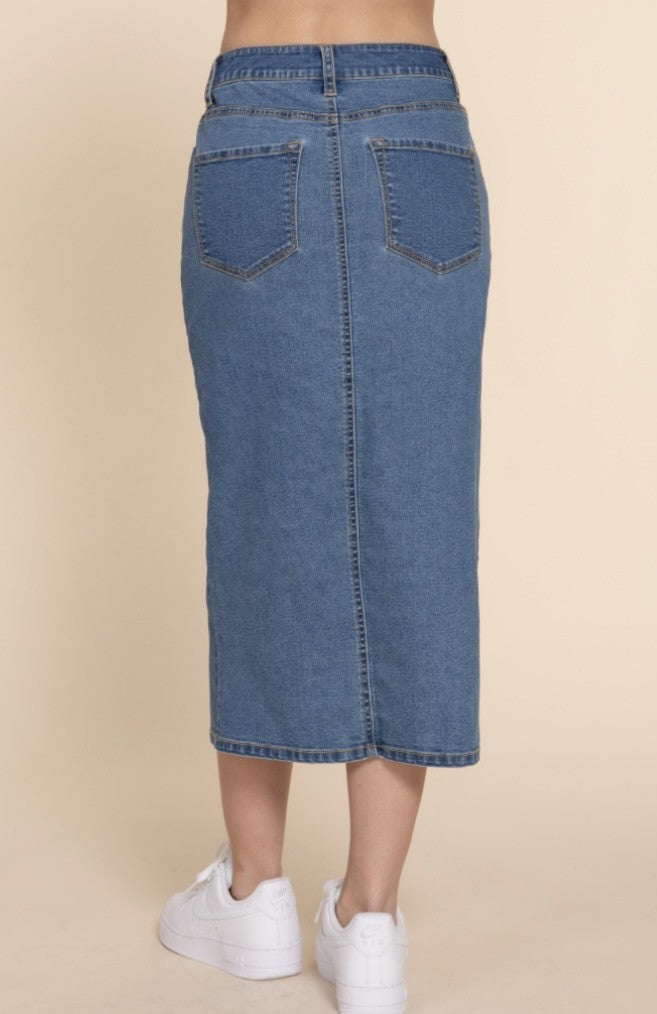 Front Slit Denim Midi Skirt